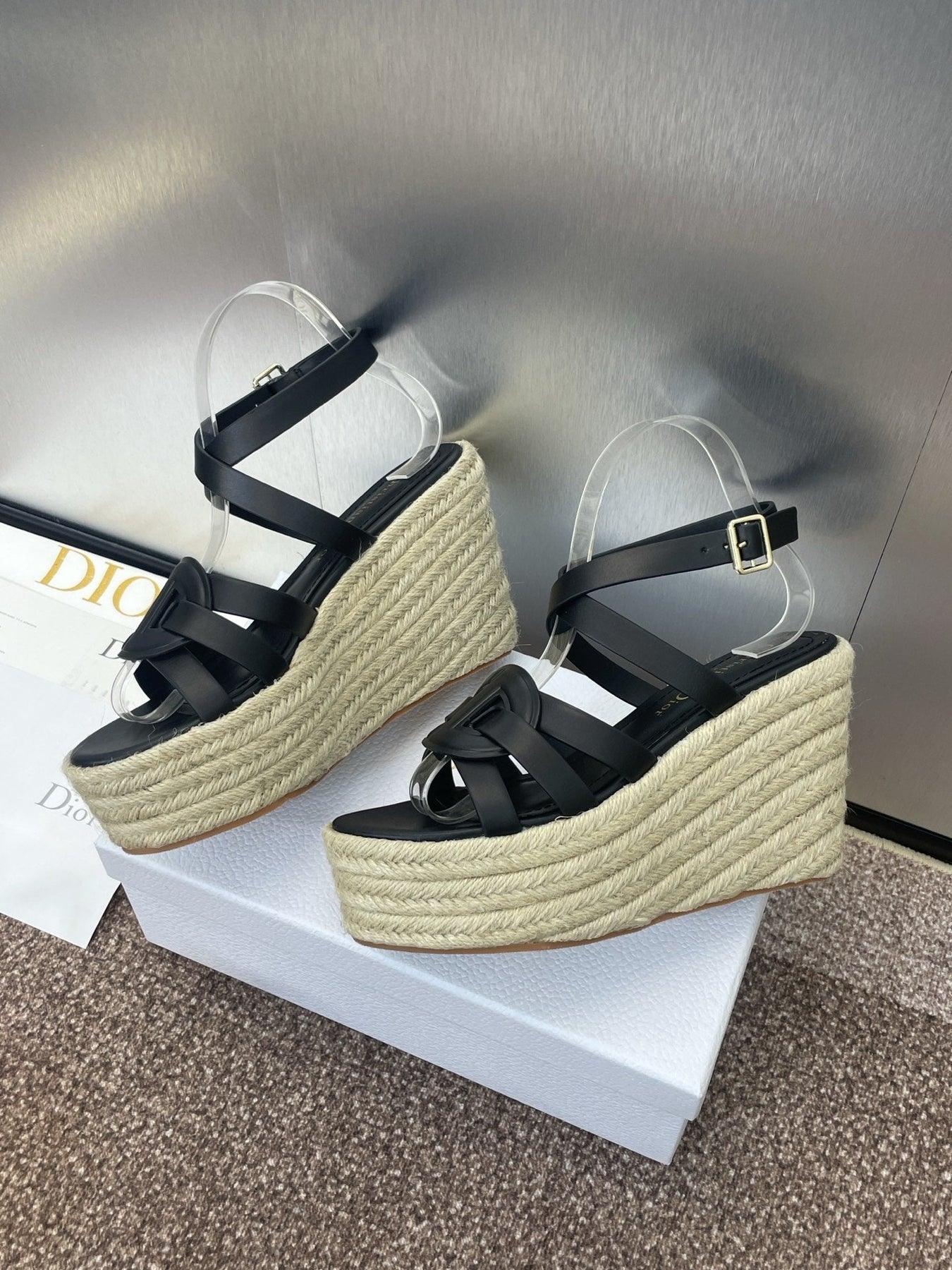 D-CLUB 25S HIGH HEEL WEDGE 100MM IN BLACK CALFSKIN RAFFIA SOLE