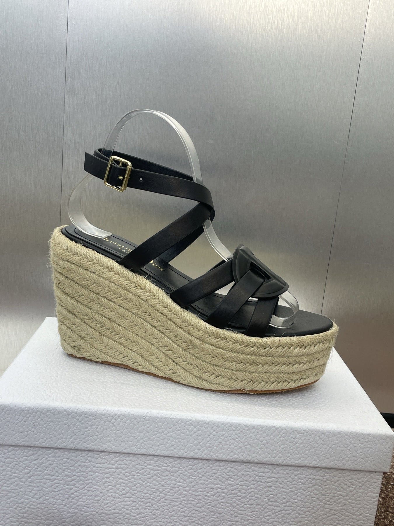 D-CLUB 25S HIGH HEEL WEDGE 100MM IN BLACK CALFSKIN RAFFIA SOLE