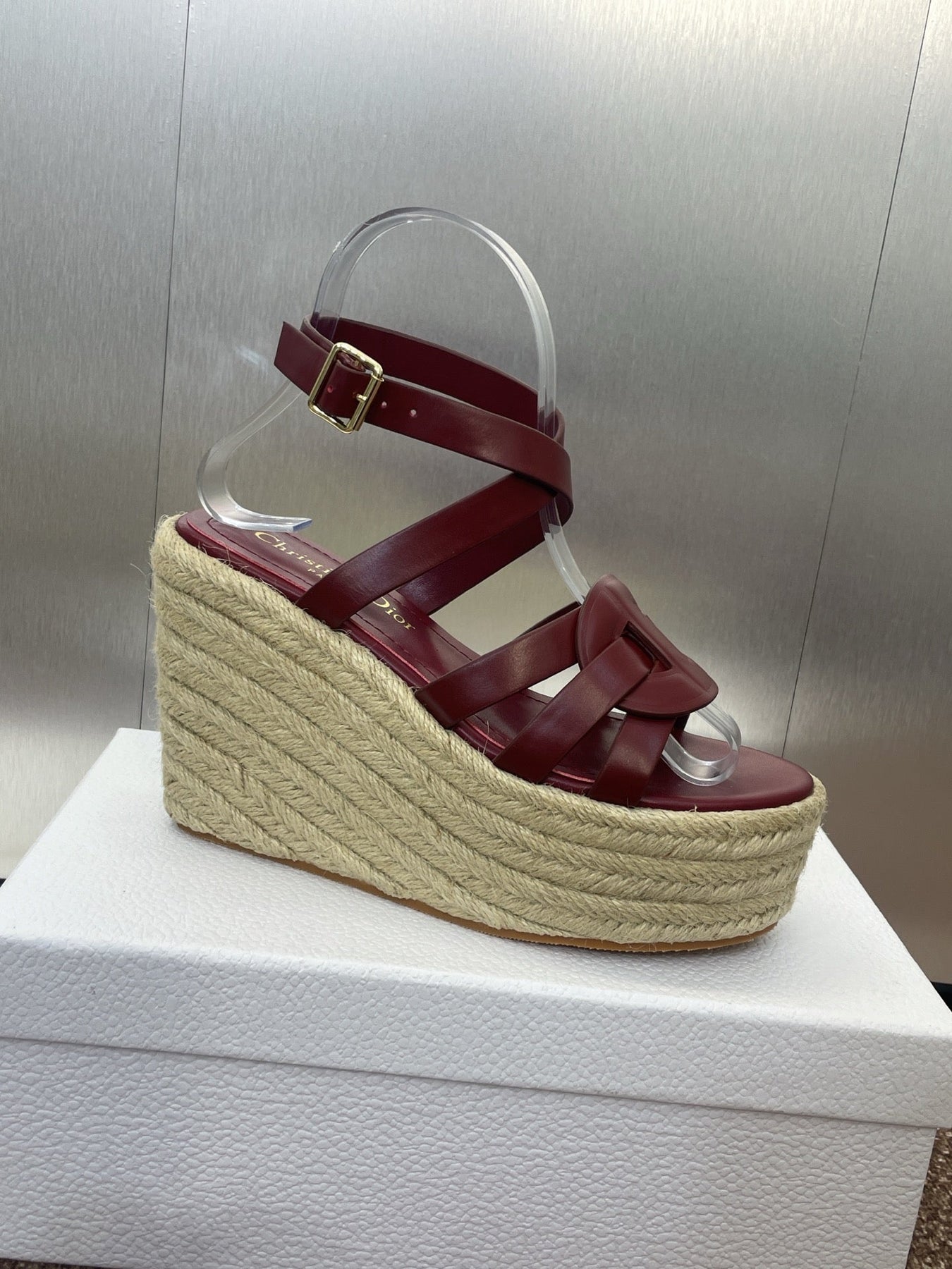 D-CLUB 25S HIGH HEEL WEDGE 100MM IN BURGUNDY RED CALFSKIN RAFFIA SOLE