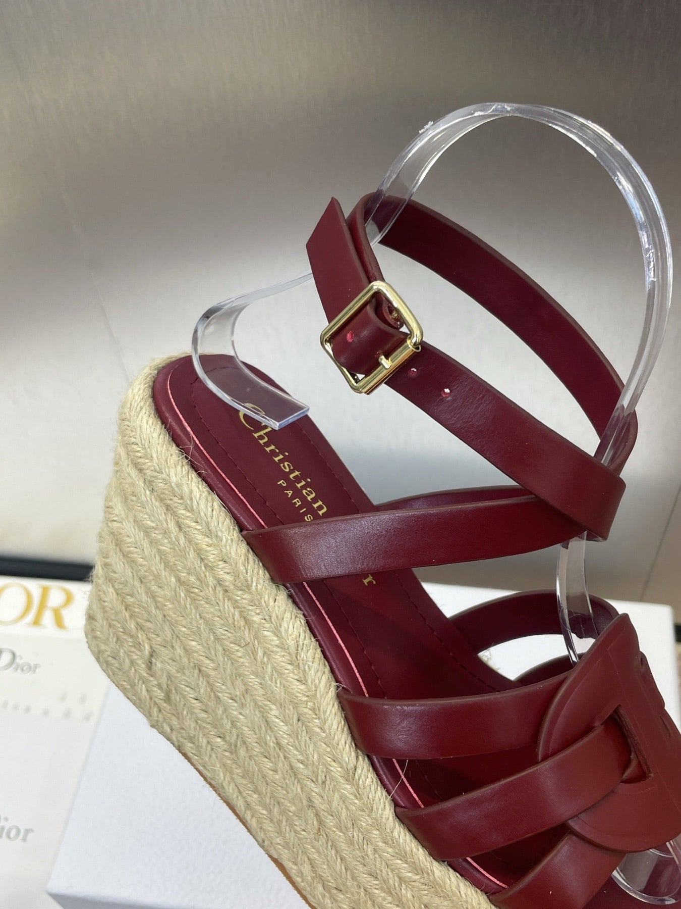 D-CLUB 25S HIGH HEEL WEDGE 100MM IN BURGUNDY RED CALFSKIN RAFFIA SOLE