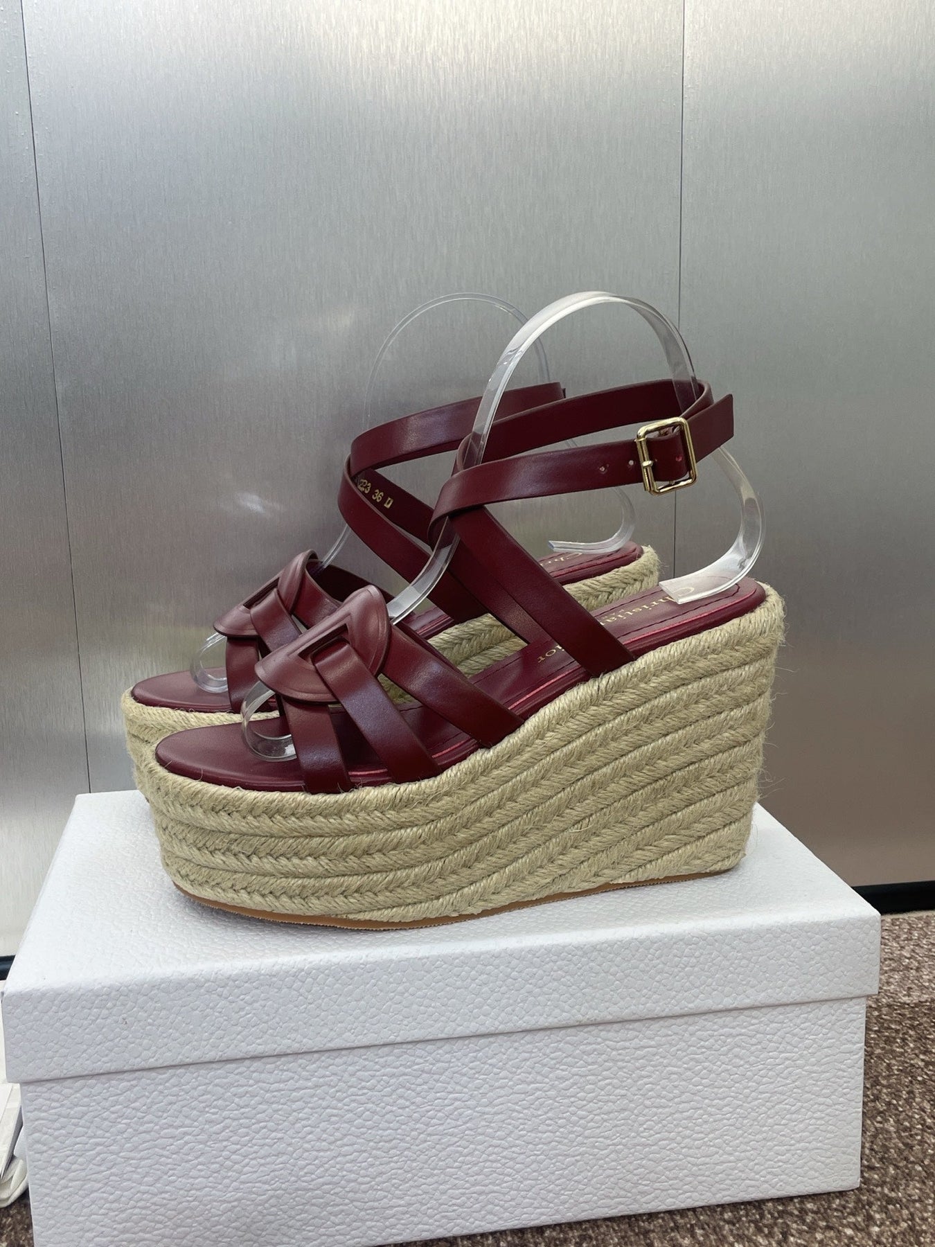 D-CLUB 25S HIGH HEEL WEDGE 100MM IN BURGUNDY RED CALFSKIN RAFFIA SOLE