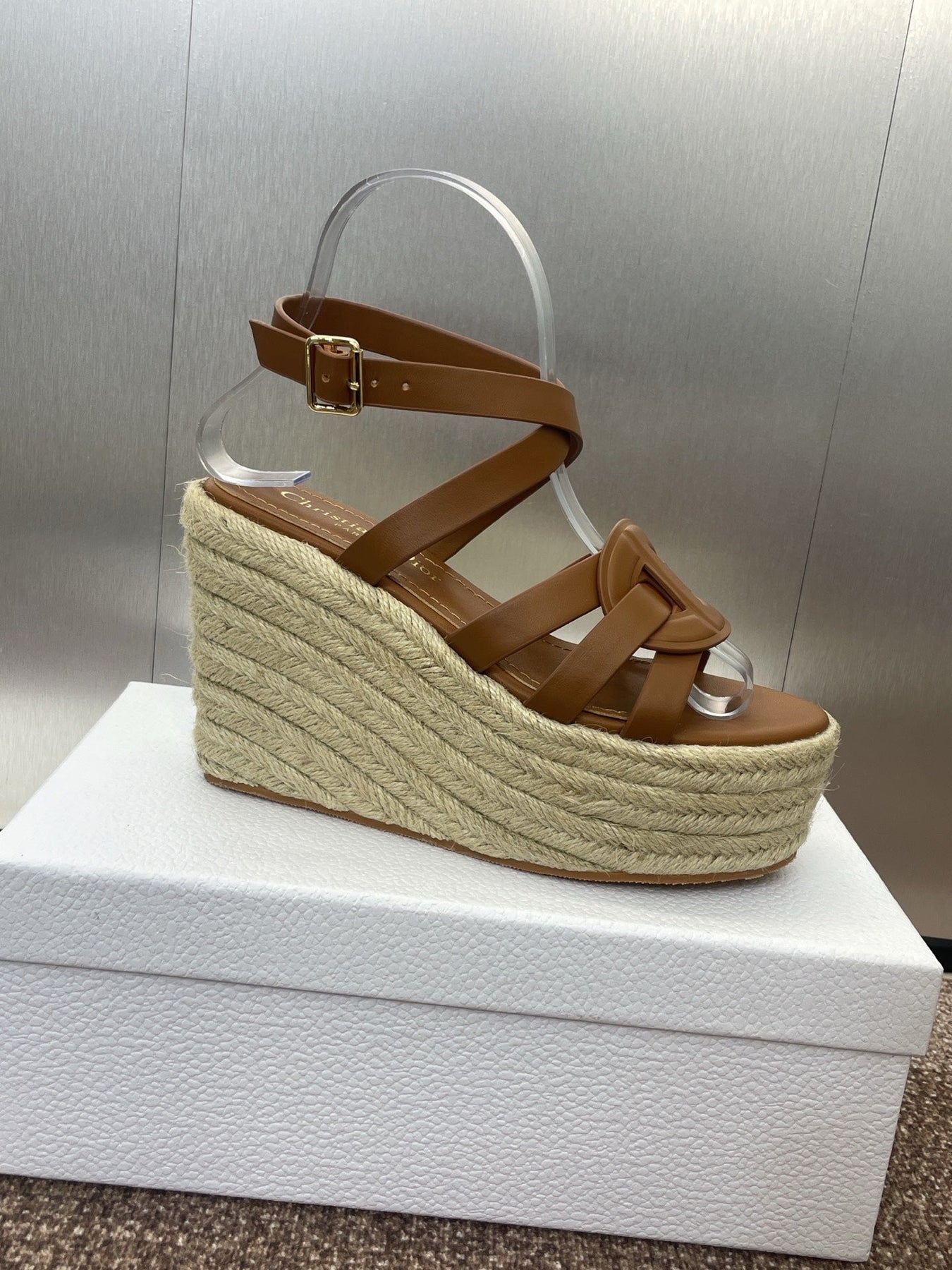 D-CLUB 25S HIGH HEEL WEDGE 100MM IN BROWN CALFSKIN RAFFIA SOLE