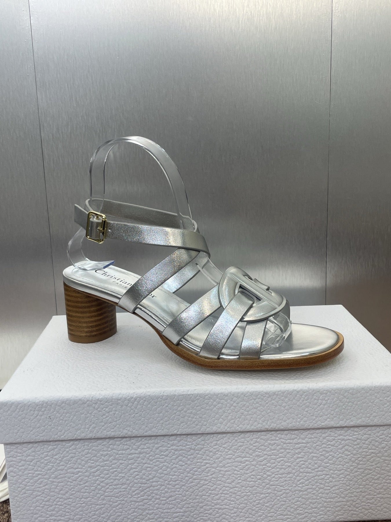 D-CLUB HIGH HEEL SLIDE 25S 55MM IN SILVER GLOSSY CALFSKIN