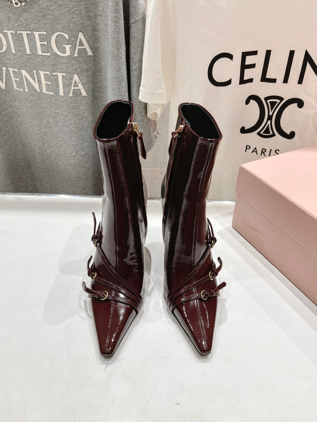 HIGH HEEL POINTED-TOE BOOTS IN WINE RED PATENT LAMBSKIN