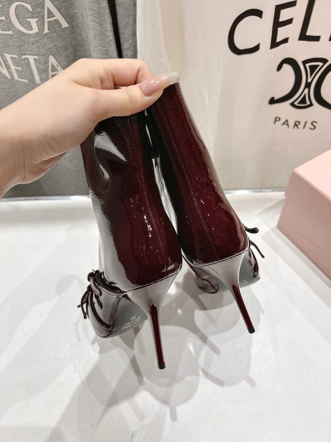 HIGH HEEL POINTED-TOE BOOTS IN WINE RED PATENT LAMBSKIN
