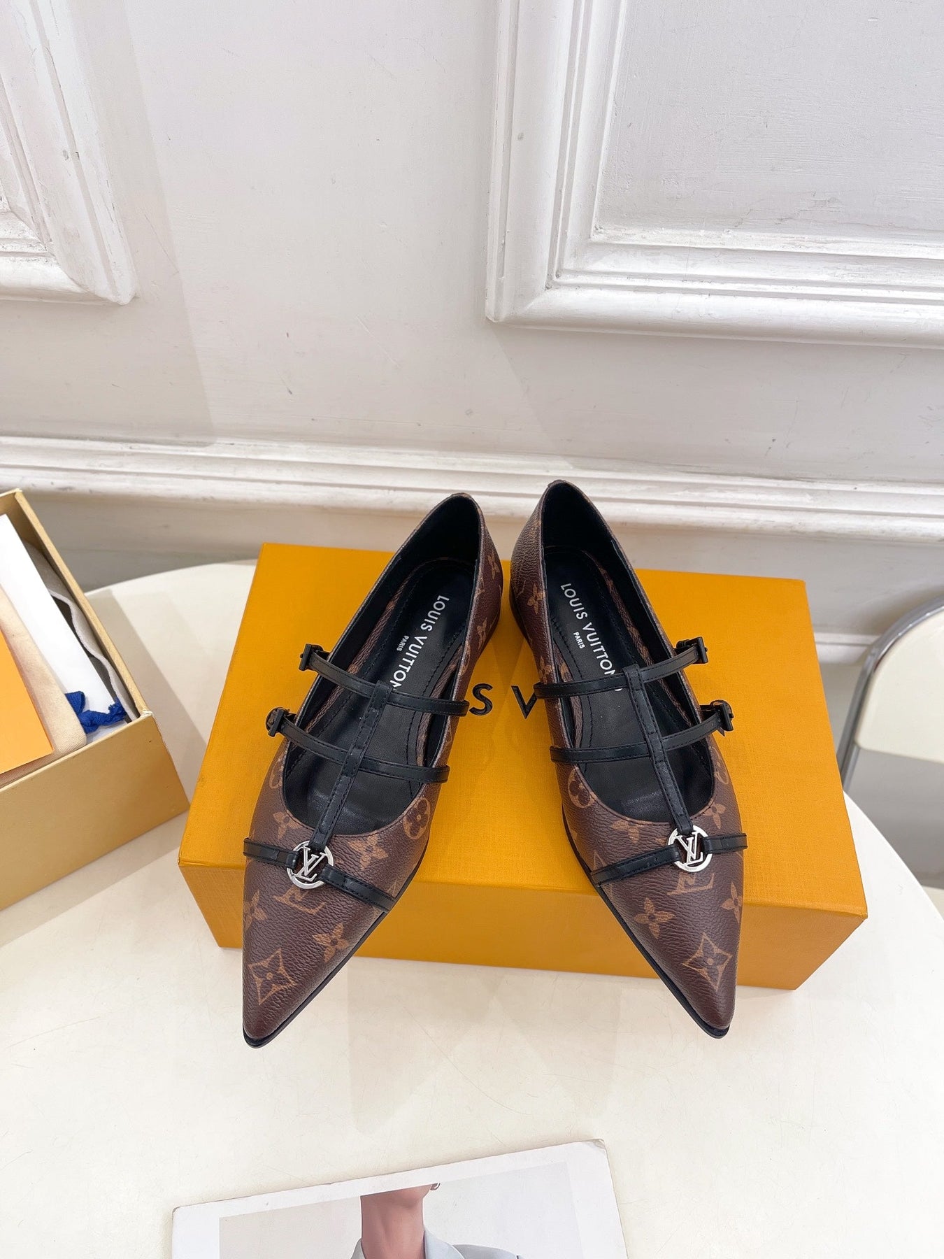 POINTED FLAT SHOES IN CHOCOLATE BROWN MONOGRAM CALFSKIN