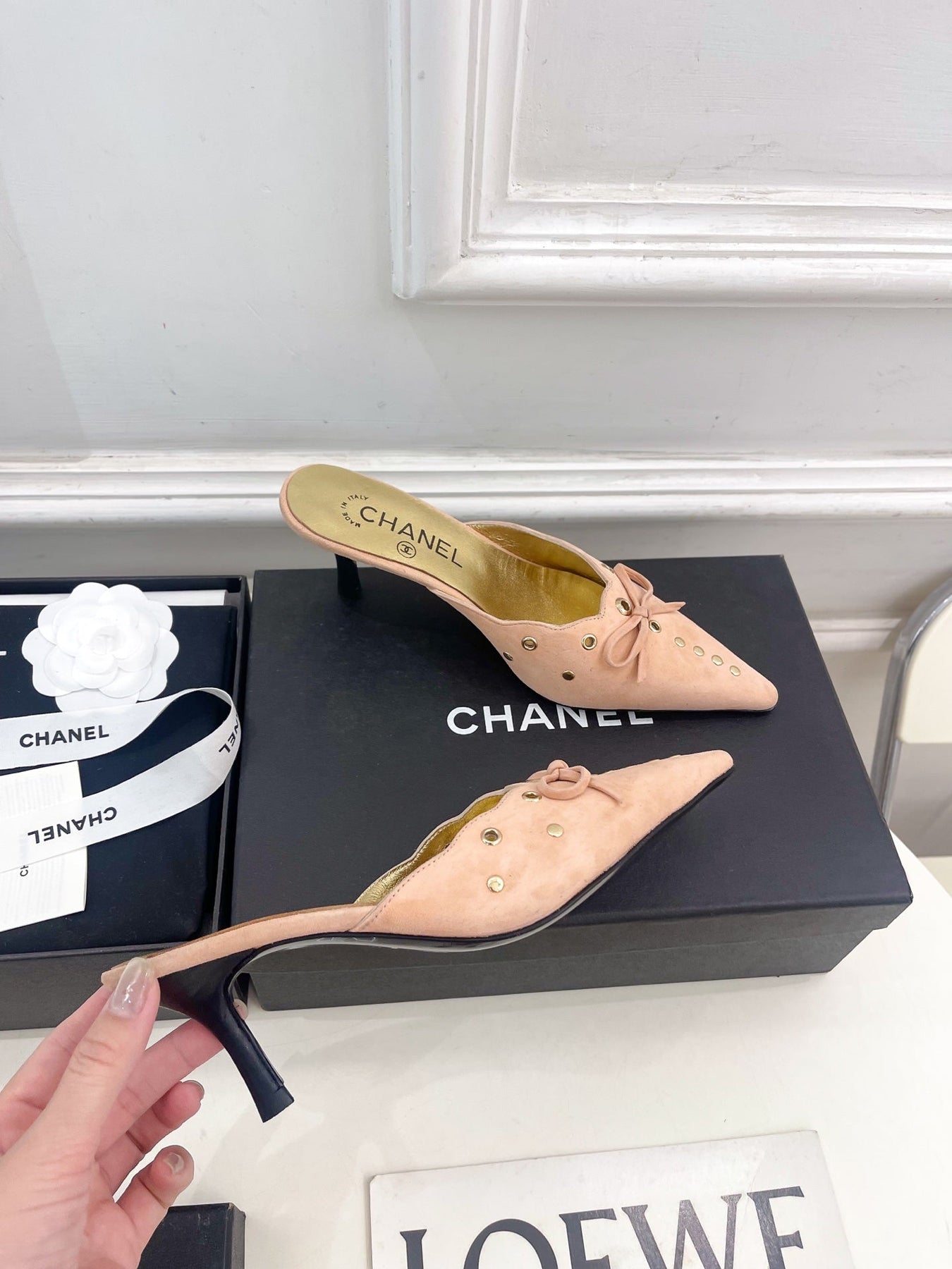 HIGH 65 MM MULE IN PEACH PINK SUEDE