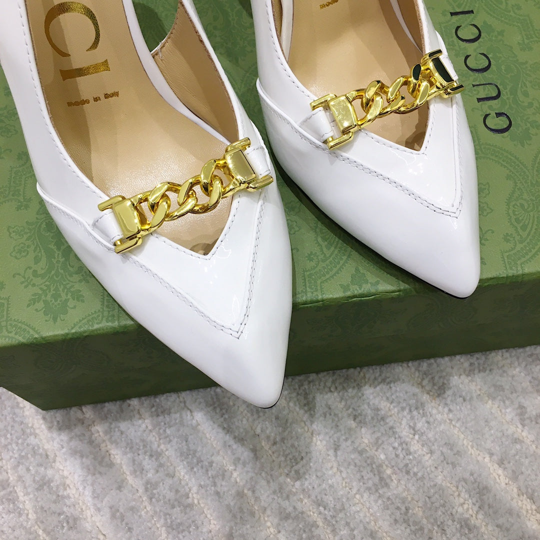 GG HIGH HEEL SLINGBACK WHITE CALFSKIN WITH CHAIN