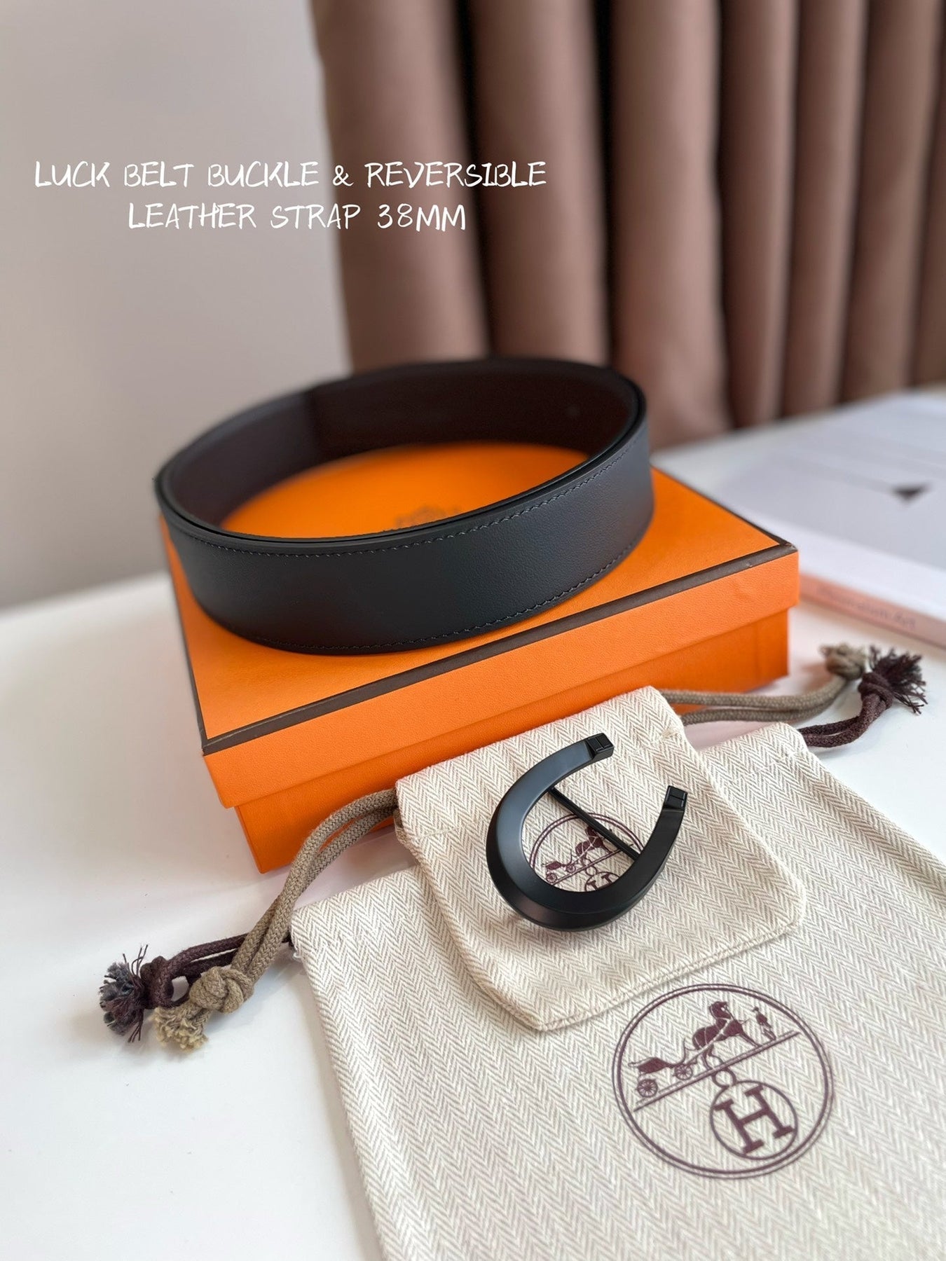 HM LUCK BELT BUCKLE & REVERSIBLE CHOCOLATE BROWN AND BLACK LEATHER STRAP 38MM