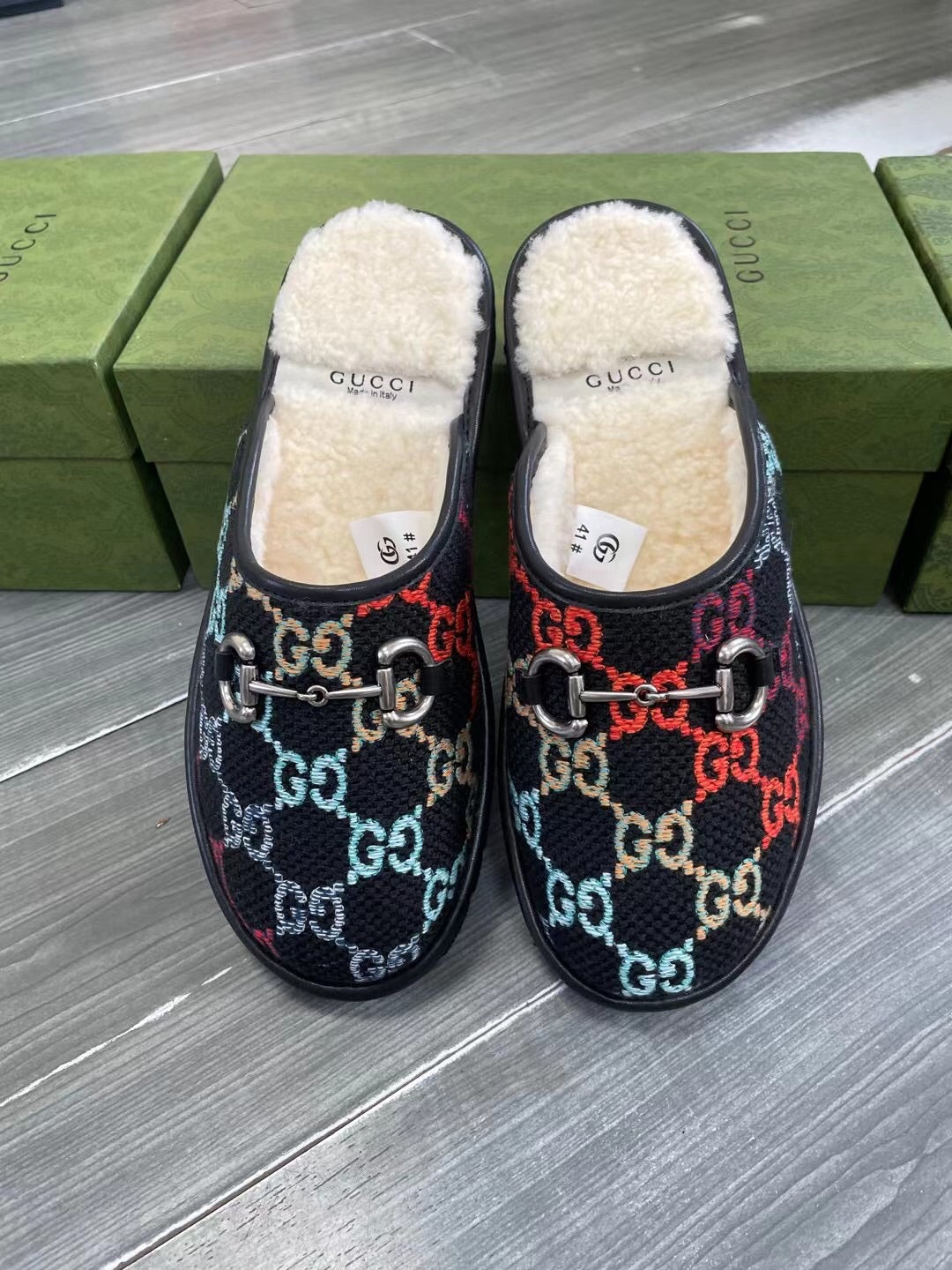 GG SUPREME MULE IN COLORFUL CANVAS AND WOOL LINING
