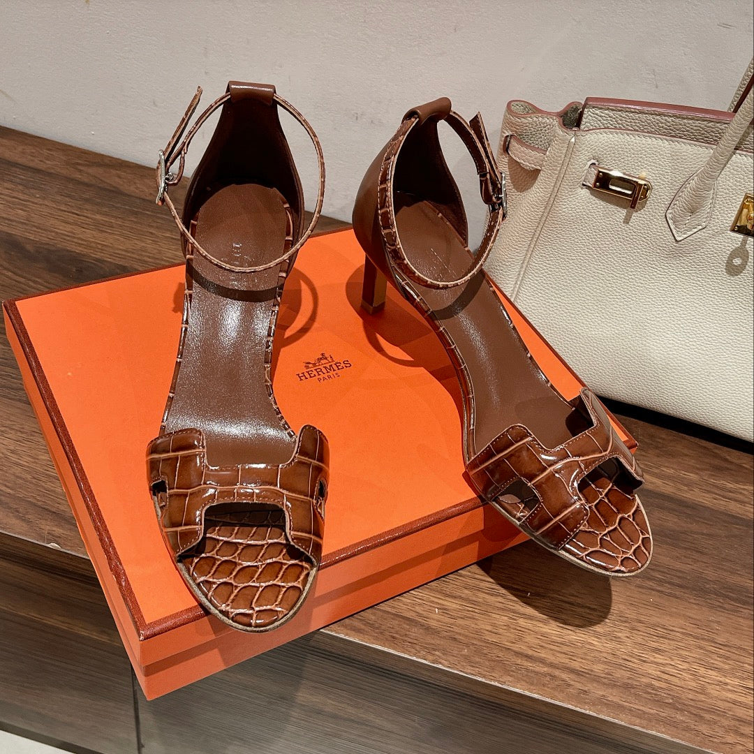 PREMIERE 70 SANDAL IN BRONZE BROWN CROCODILE LEATHER