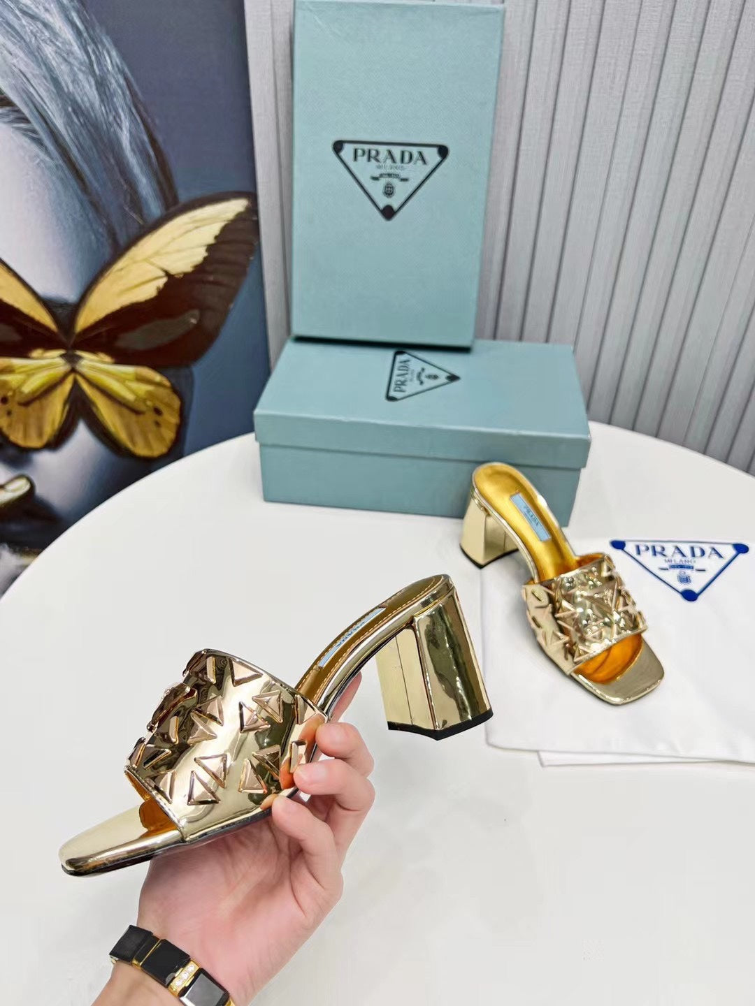 PRA EMBROIDERED SANDALS 65 METALLIC GOLD CALFSKIN