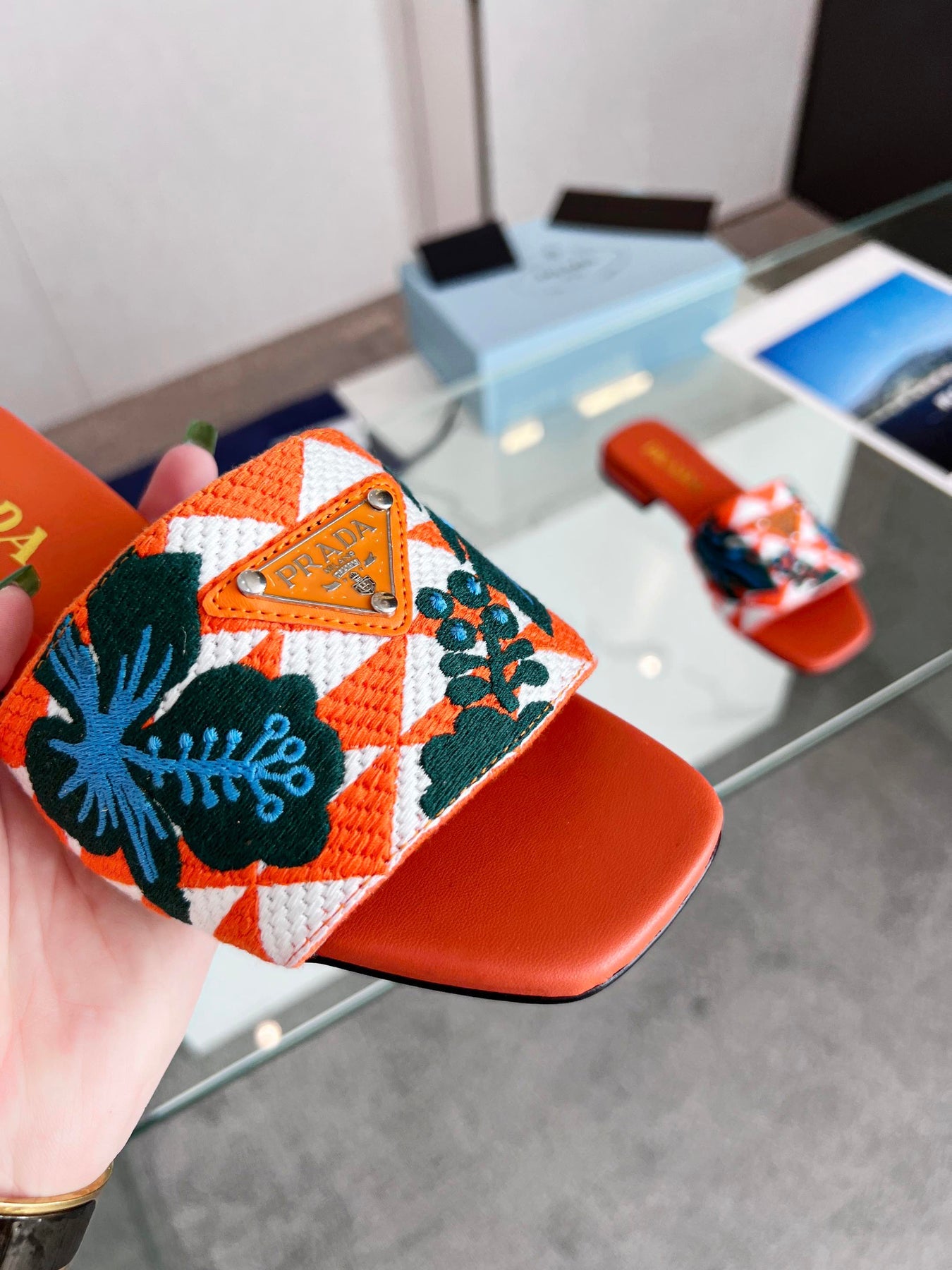 PRA EMBROIDERED SLIDES FLAT ORANGE FABRIC