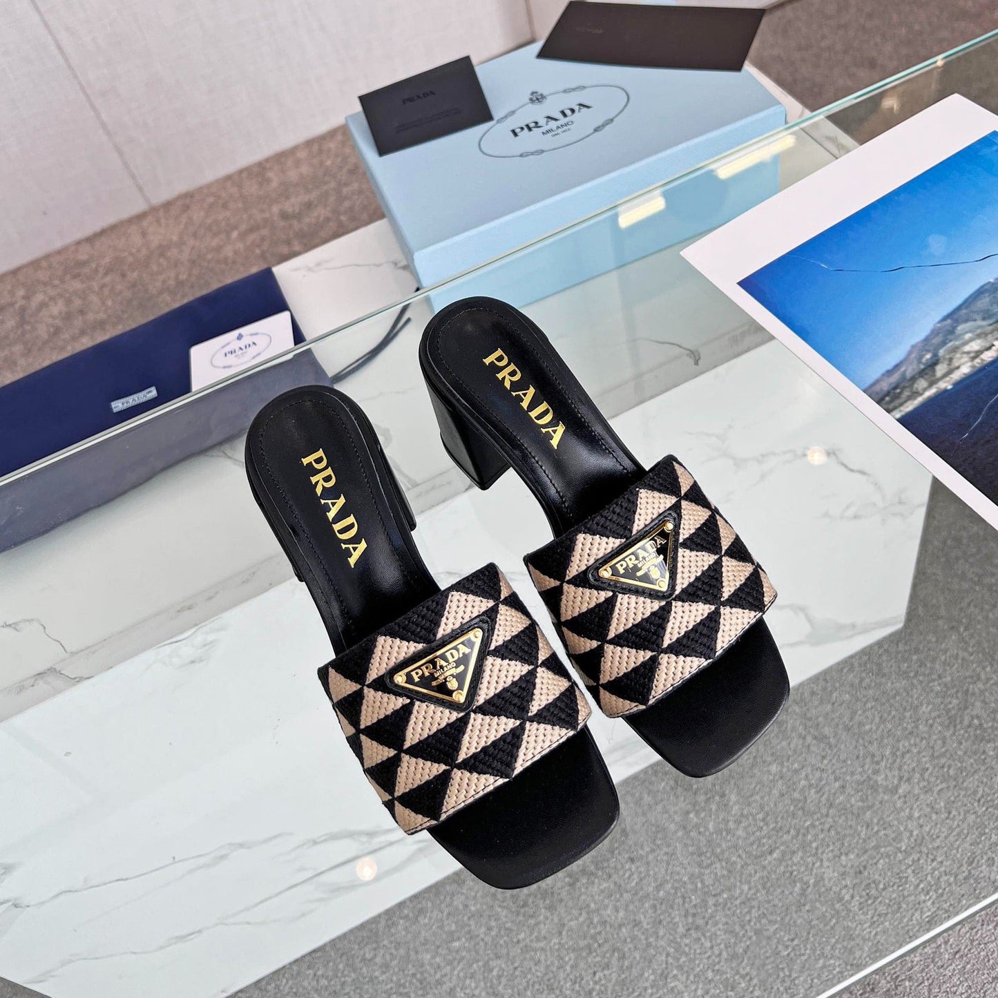 PRA EMBROIDERED SLIDES 65 BLACK AND BEIGE FABRIC