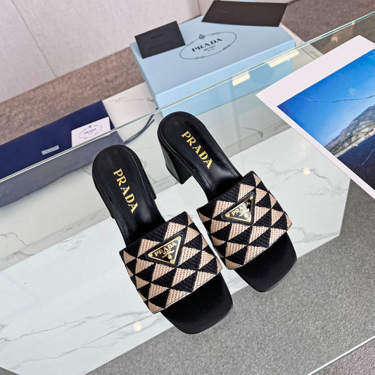 PRA EMBROIDERED SLIDES 65 BLACK AND BEIGE FABRIC