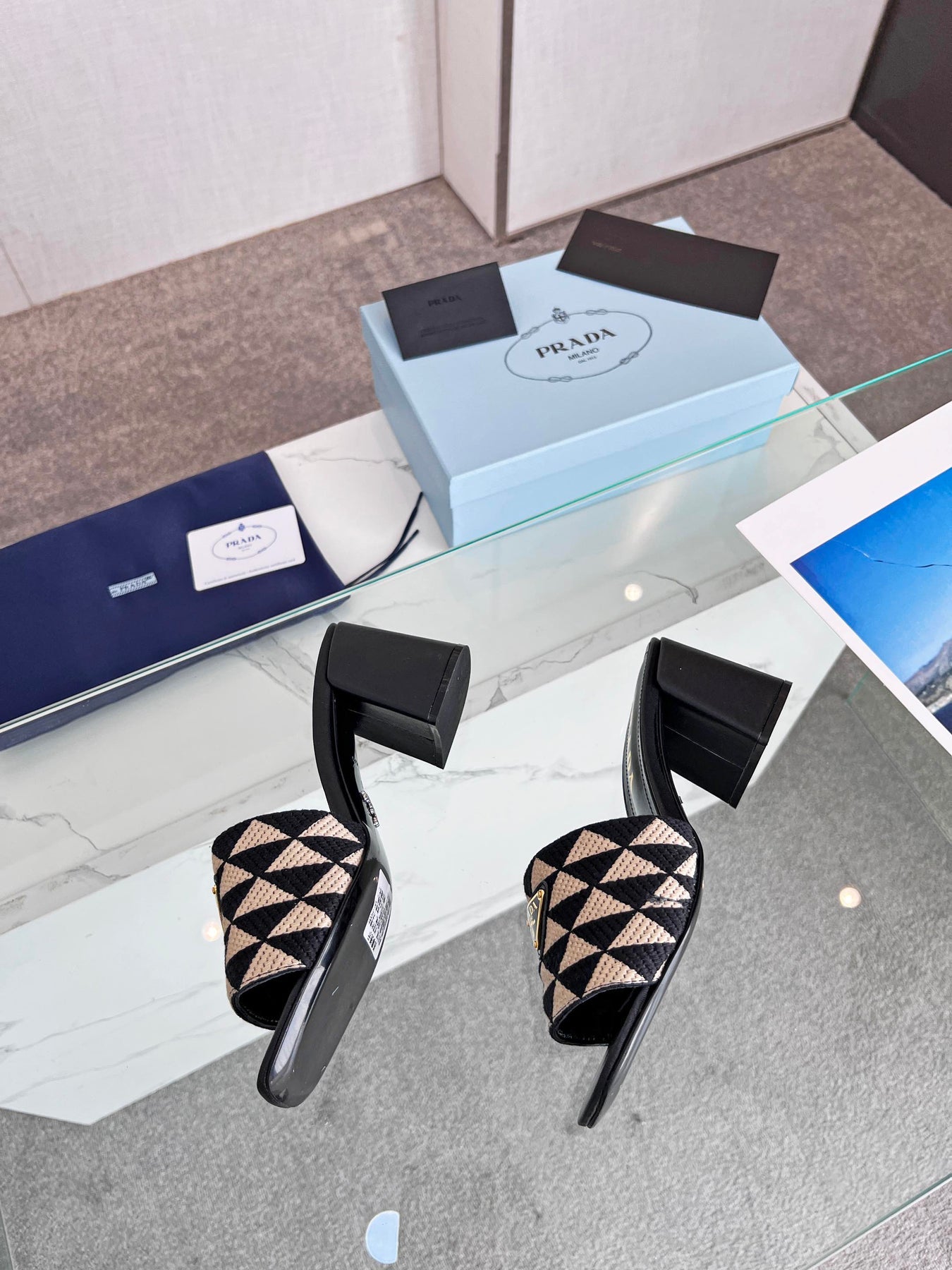 PRA EMBROIDERED SLIDES 65 BLACK AND BEIGE FABRIC