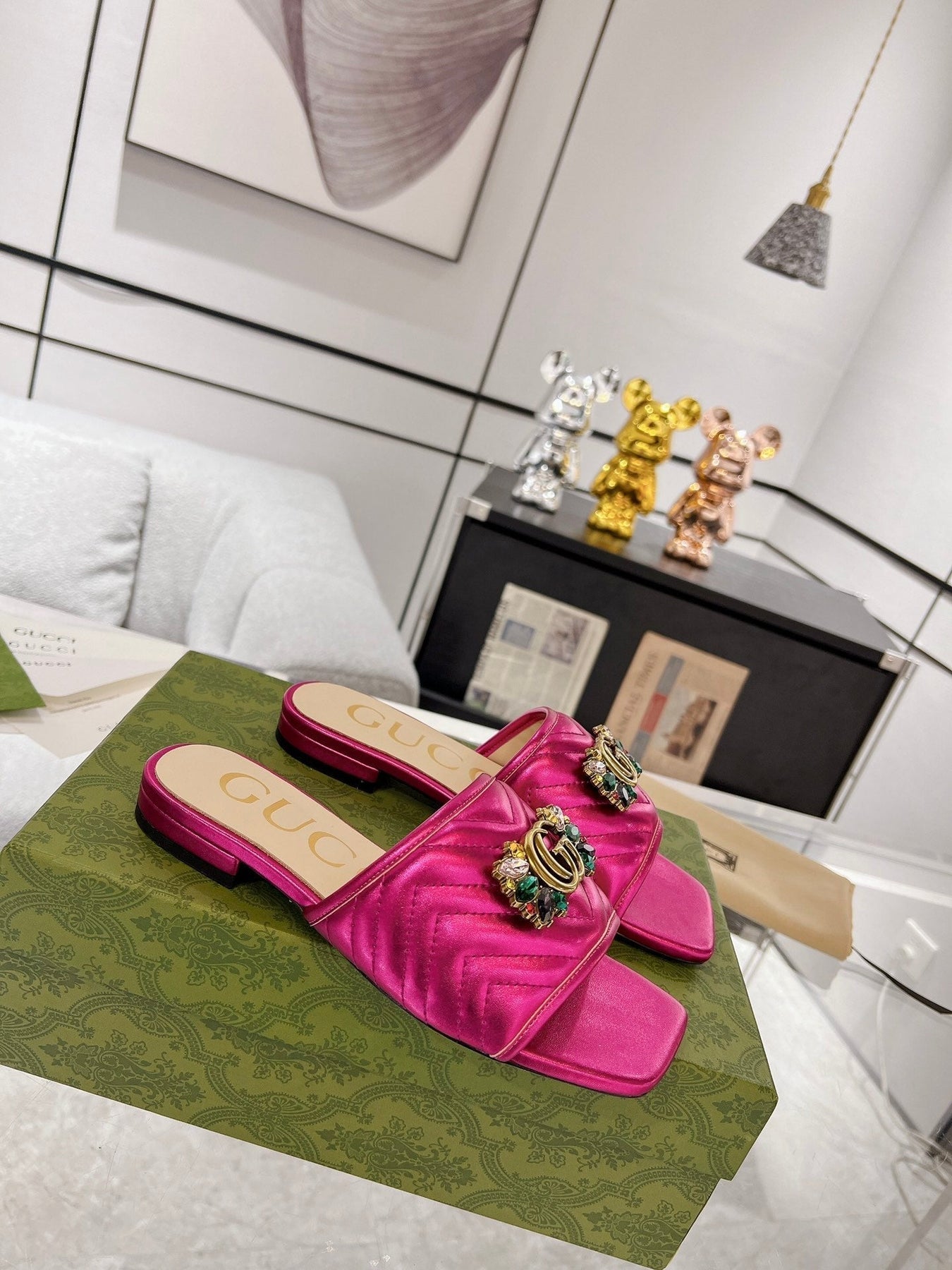 GG SPARKLE CRYSTAL SLIDE SANDAL METALLIC PINK CALFSKIN