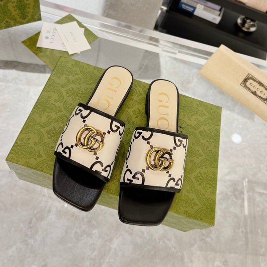 GG EXCLUSIVE SLIDE SANDAL BLACK AND CREAM CALFSKIN