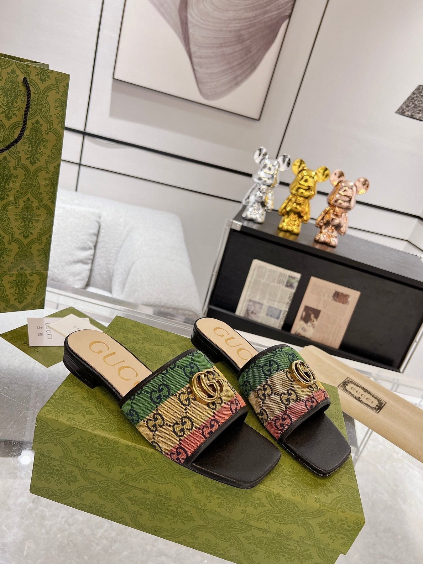 GG EXCLUSIVE SLIDE SANDAL BLACK AND CREAM FABRIC