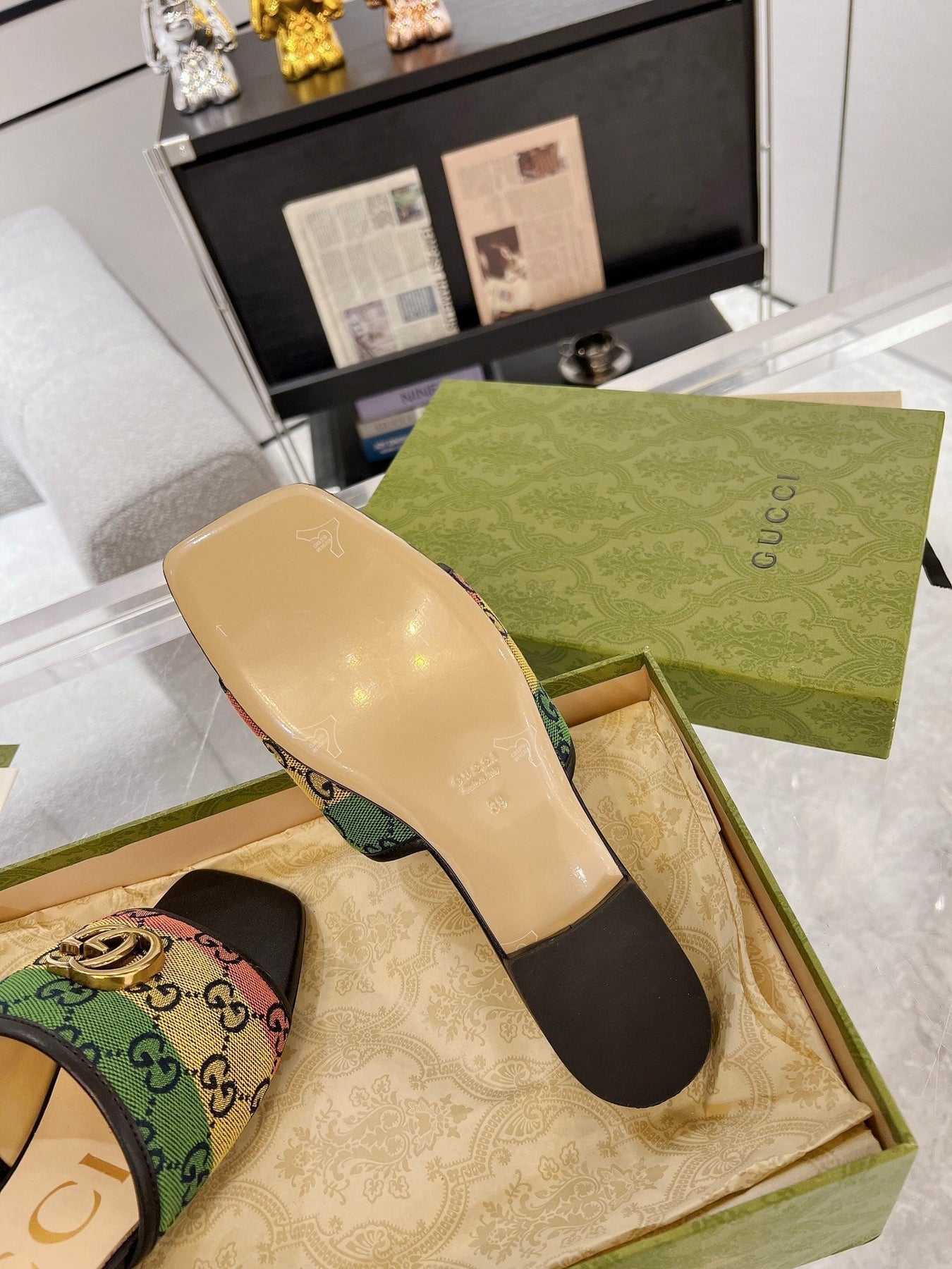 GG EXCLUSIVE SLIDE SANDAL BLACK AND CREAM FABRIC