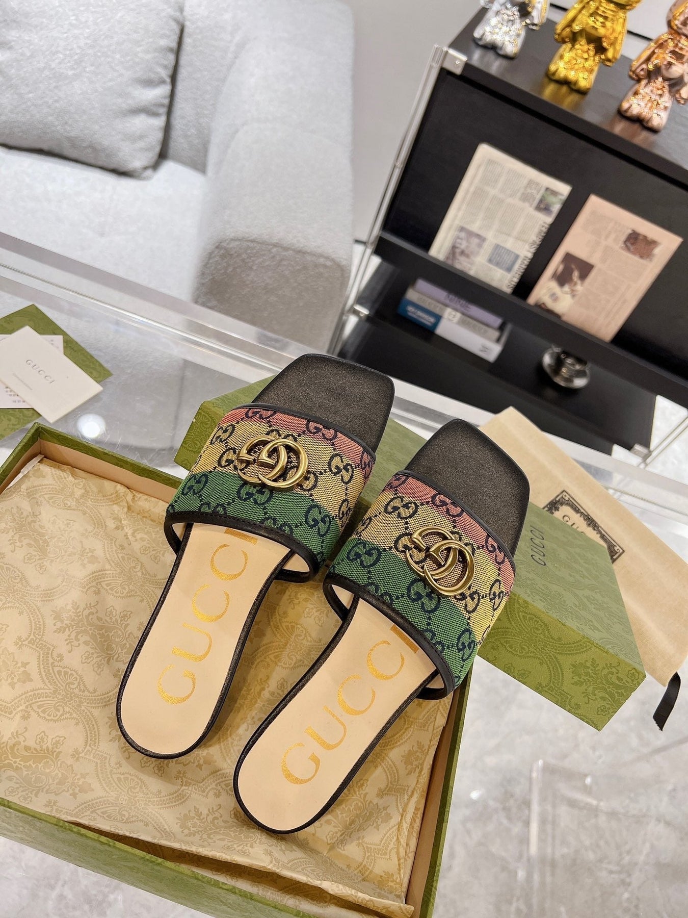 GG EXCLUSIVE SLIDE SANDAL BLACK AND CREAM FABRIC