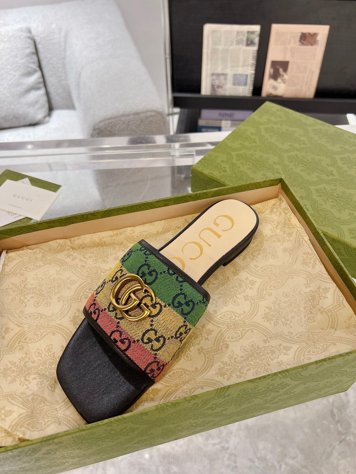 GG EXCLUSIVE SLIDE SANDAL BLACK AND CREAM FABRIC