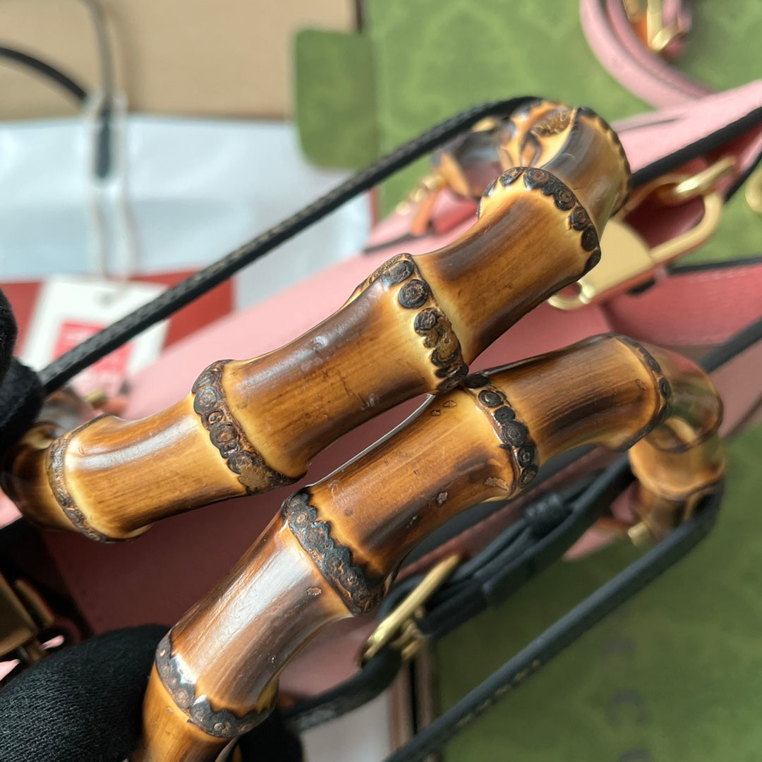 DIANA MEDIUM TOTE BAG 27 IN PINK CALFSKIN BAMBOO HANDLES