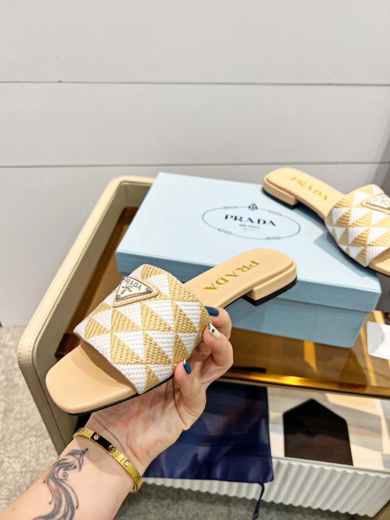 PRA EMBROIDERED SLIDES FLAT BEIGE FABRIC