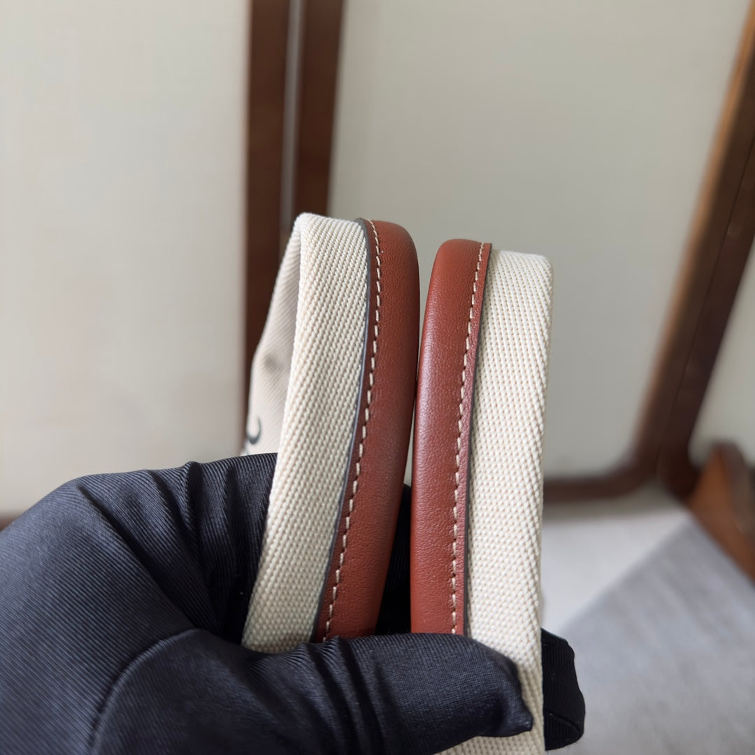 MY MELODY MEDIUM WOODY TOTE BAG 37 IN NATURAL FIBERS BEIGE WEBBING BROWN CALFSKIN