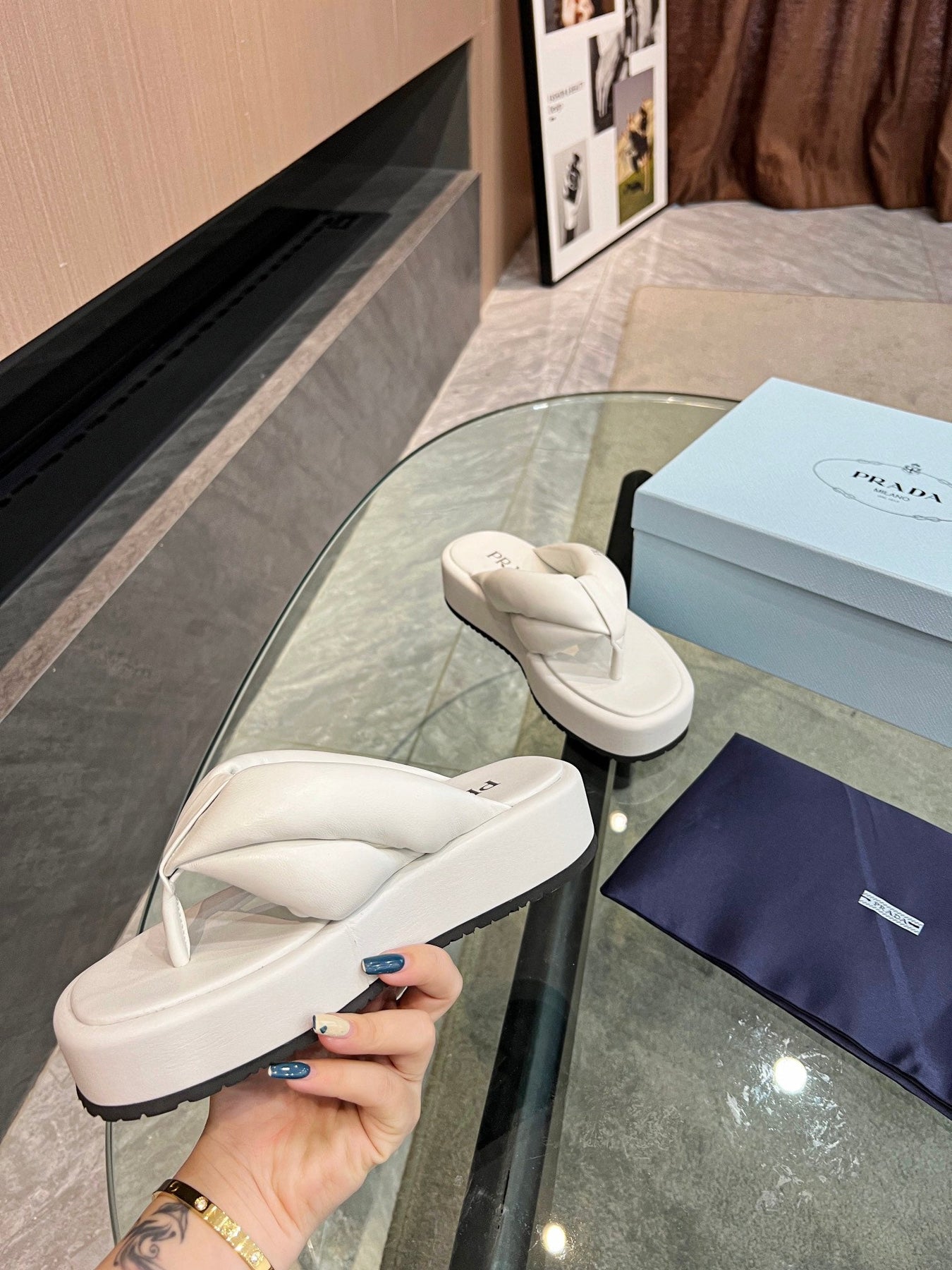 PRA THONG FLATFORM SANDALS WHITE LAMBSKIN