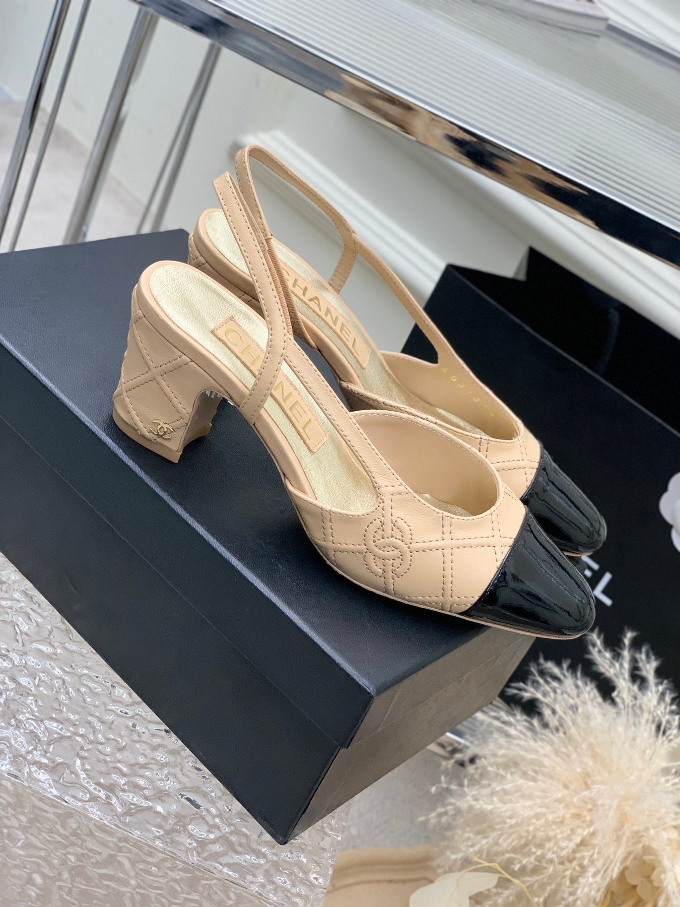 HIGH SLINGBACKS 65 BEIGE CREAM MIX BLACK CALFSKIN