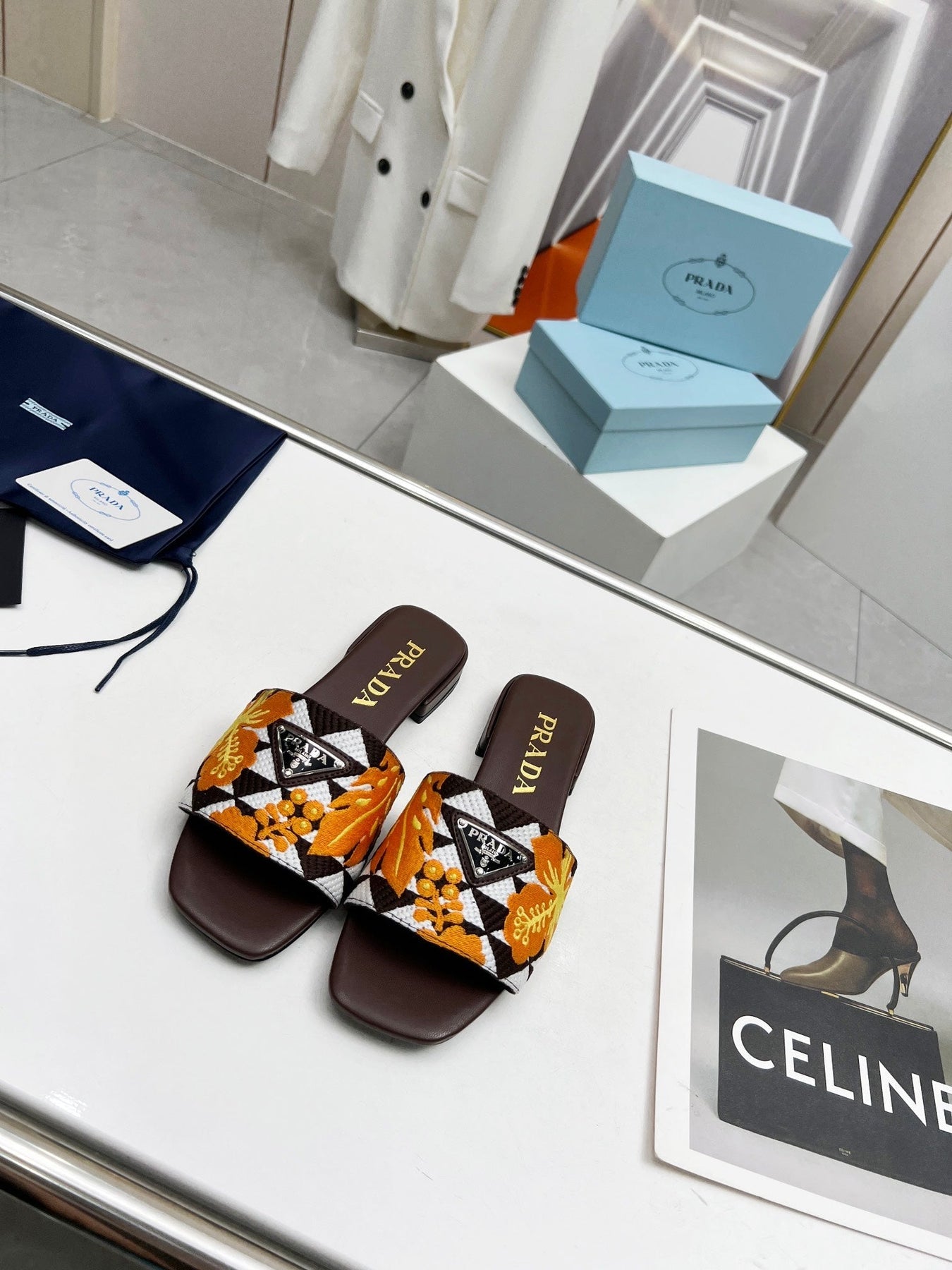 PRA EMBROIDERED SLIDES FLAT CHOCOLATE FABRIC