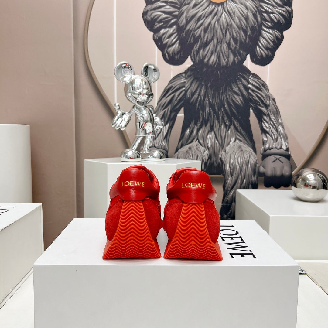 FLOW RUNNER SNEAKER IN RUBY RED SUEDE AND SHEEPSKIN