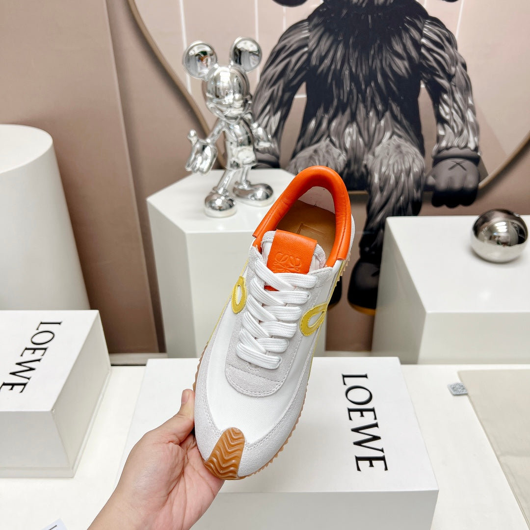 FLOW RUNNER SNEAKER IN PALE GRAY MIX VIVID ORANGE SUEDE AND SHEEPSKIN