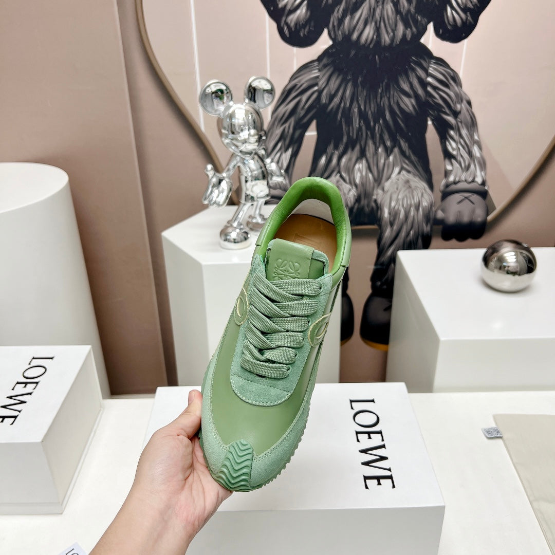 FLOW RUNNER SNEAKER IN BASIL GREEN SUEDE AND SHEEPSKIN