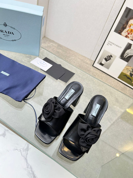 PRA FLOWER BLOCK HEELS 75 BLACK CALFSKIN