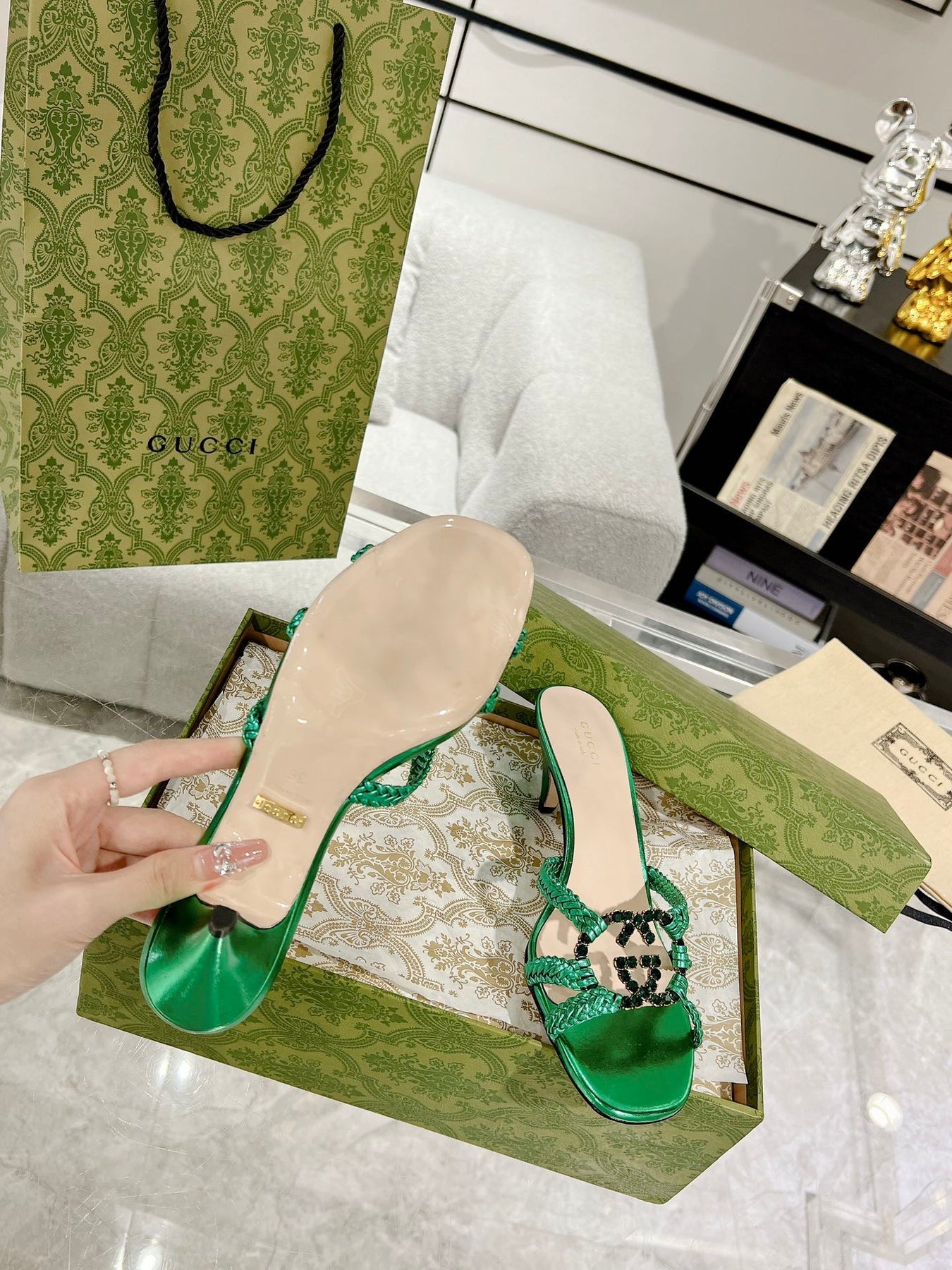 GG CRYSTAL MID - HEEL JADE GREEN CALFSKIN