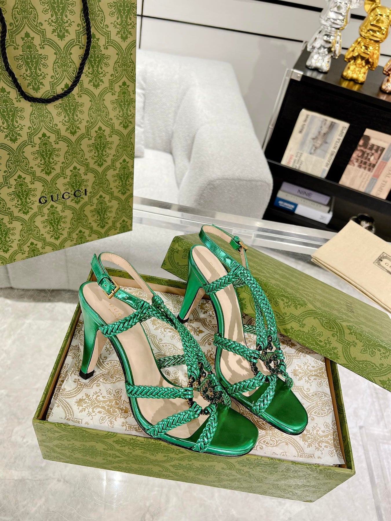 GG CRYSTAL HIGH HEEL SANDAL JADE GREEN CALFSKIN SPECIAL