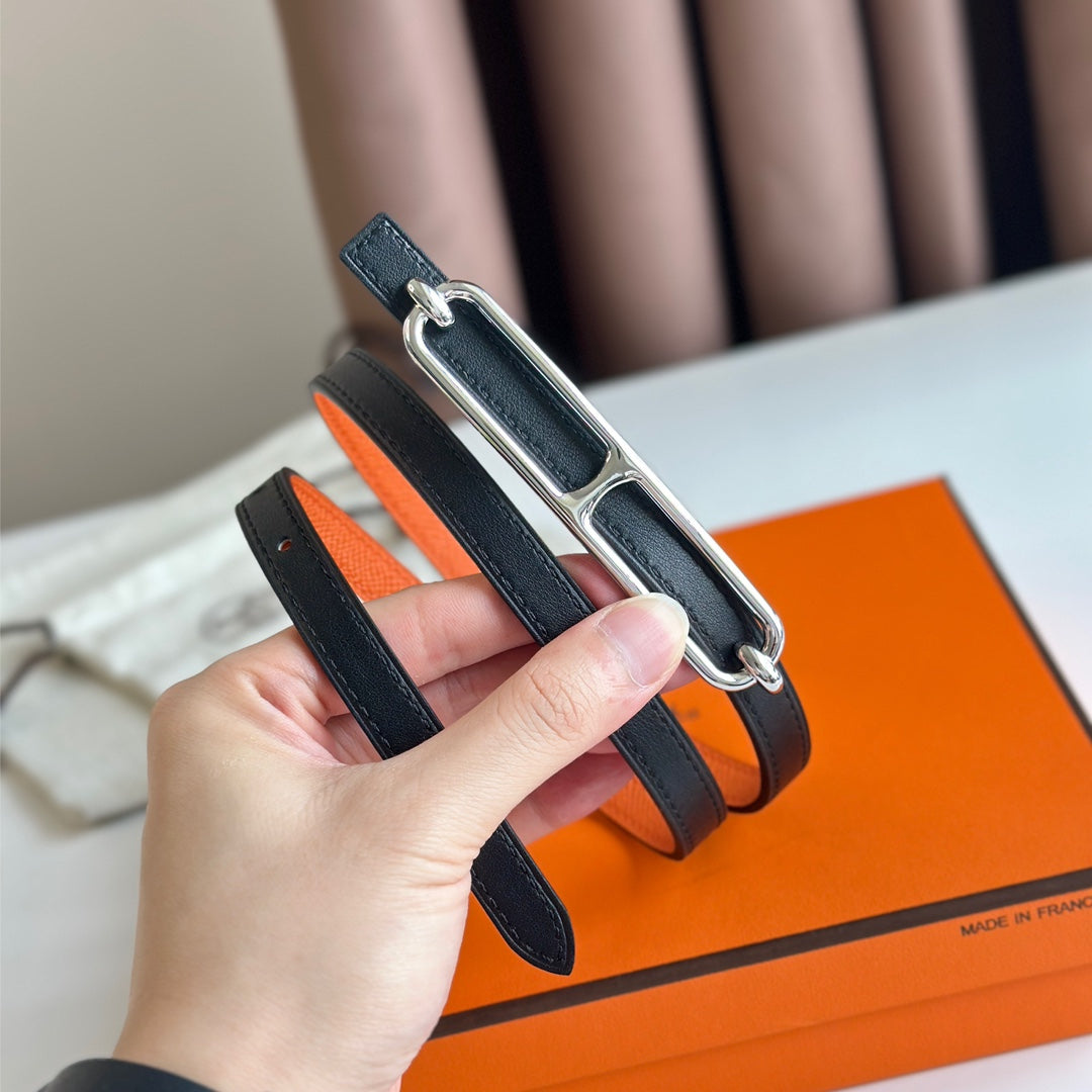 HM ROULIS BUCKLE & REVERSIBLE ORANGE AND BLACK LEATHER STRAP 13MM SILVER HARDWARE