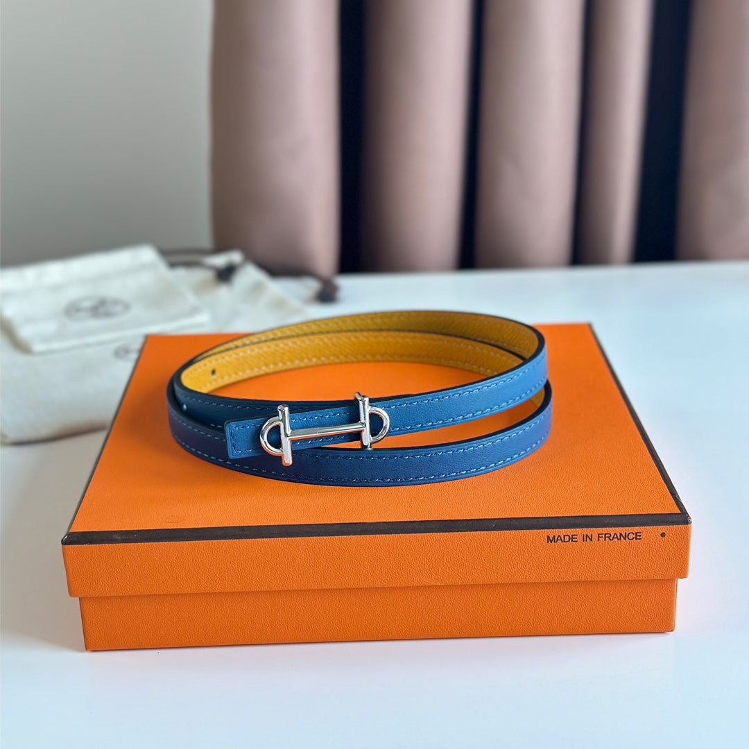 HM GAMMA BUCKLE & REVERSIBLE GOLDEN AND BLUE LEATHER STRAP 13MM SILVER HARDWARE