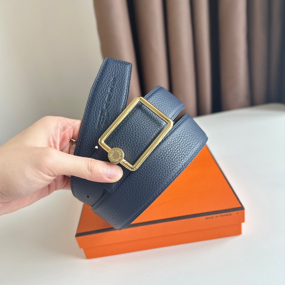 HM OSCAR BELT BUCKLE & REVERSIBLE BLACK AND AEGEAN BLUE LEATHER STRAP 38MM GOLD HARDWARE