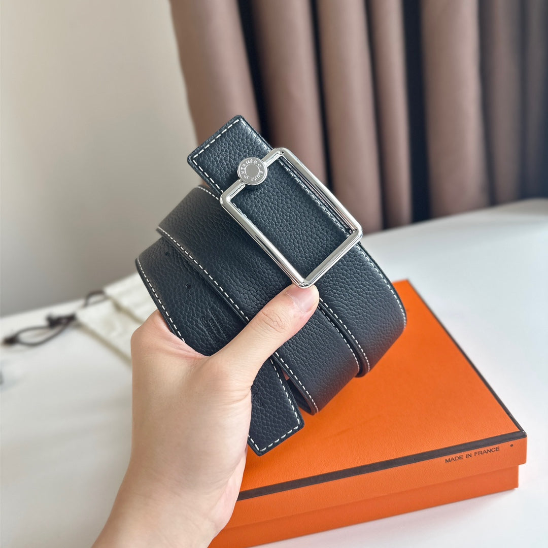 HM OSCAR BELT BUCKLE & REVERSIBLE BLACK LEATHER STRAP 38MM SILVER HARDWARE