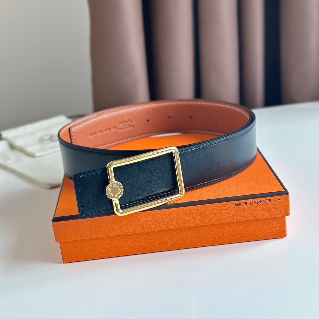 HM OSCAR BELT BUCKLE & REVERSIBLE YAM ORANGE AND BLACK LEATHER STRAP 38MM GOLD HARDWARE