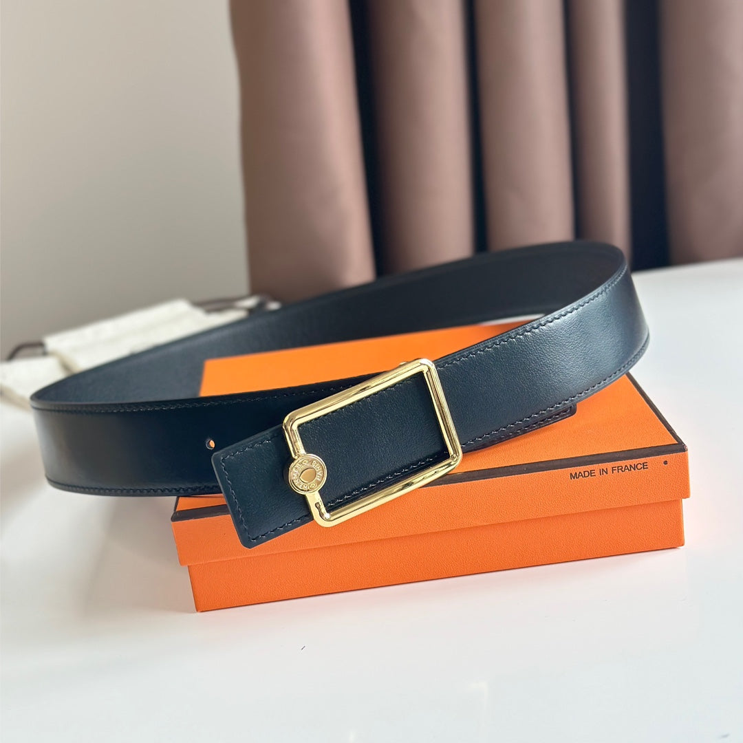 HM OSCAR BELT BUCKLE & REVERSIBLE BLACK LEATHER STRAP 38MM GOLD HARDWARE