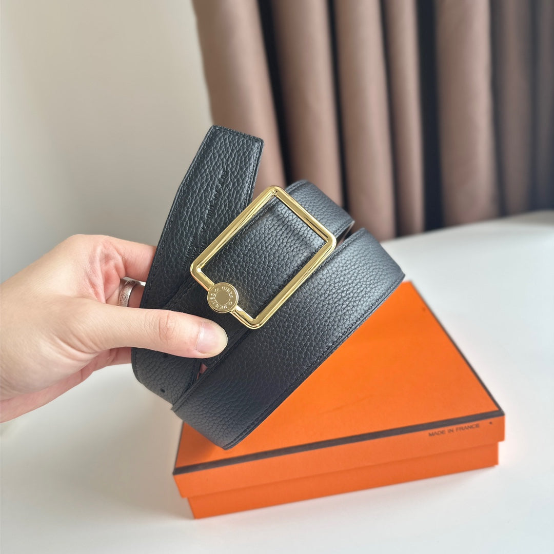 HM OSCAR BELT BUCKLE & REVERSIBLE BLACK LEATHER STRAP 38MM GOLD HARDWARE