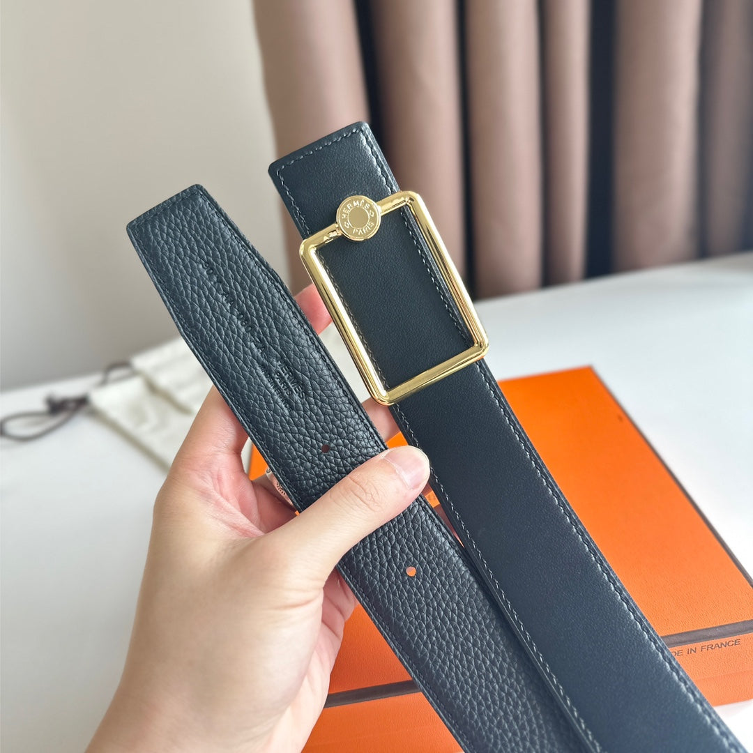 HM OSCAR BELT BUCKLE & REVERSIBLE BLACK LEATHER STRAP 38MM GOLD HARDWARE