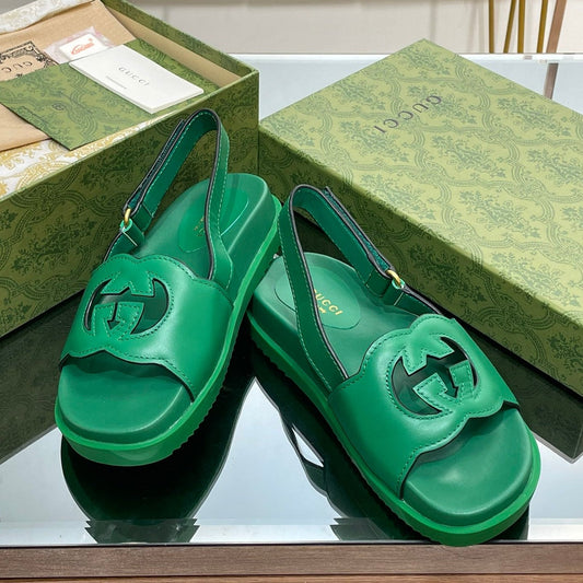 GG INTERLOCKING G CUT OUT SANDAL JADE GREEN LAMBSKIN