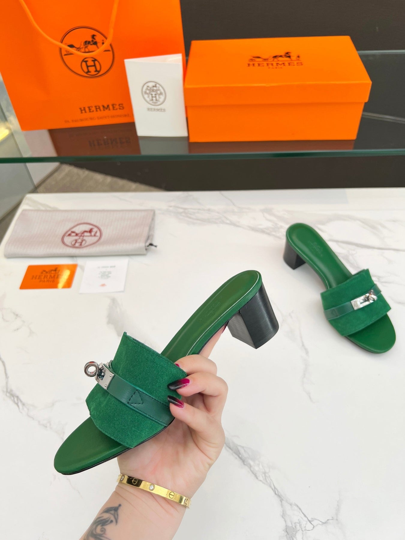 Gigi 50 Sandal Green Suede Green Calfskin