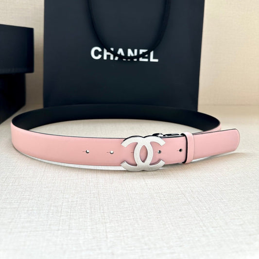 CC 30MM BELT IN LIGHT PINK AND BLACK CALFSKIN WITH SILVER HARDWARE