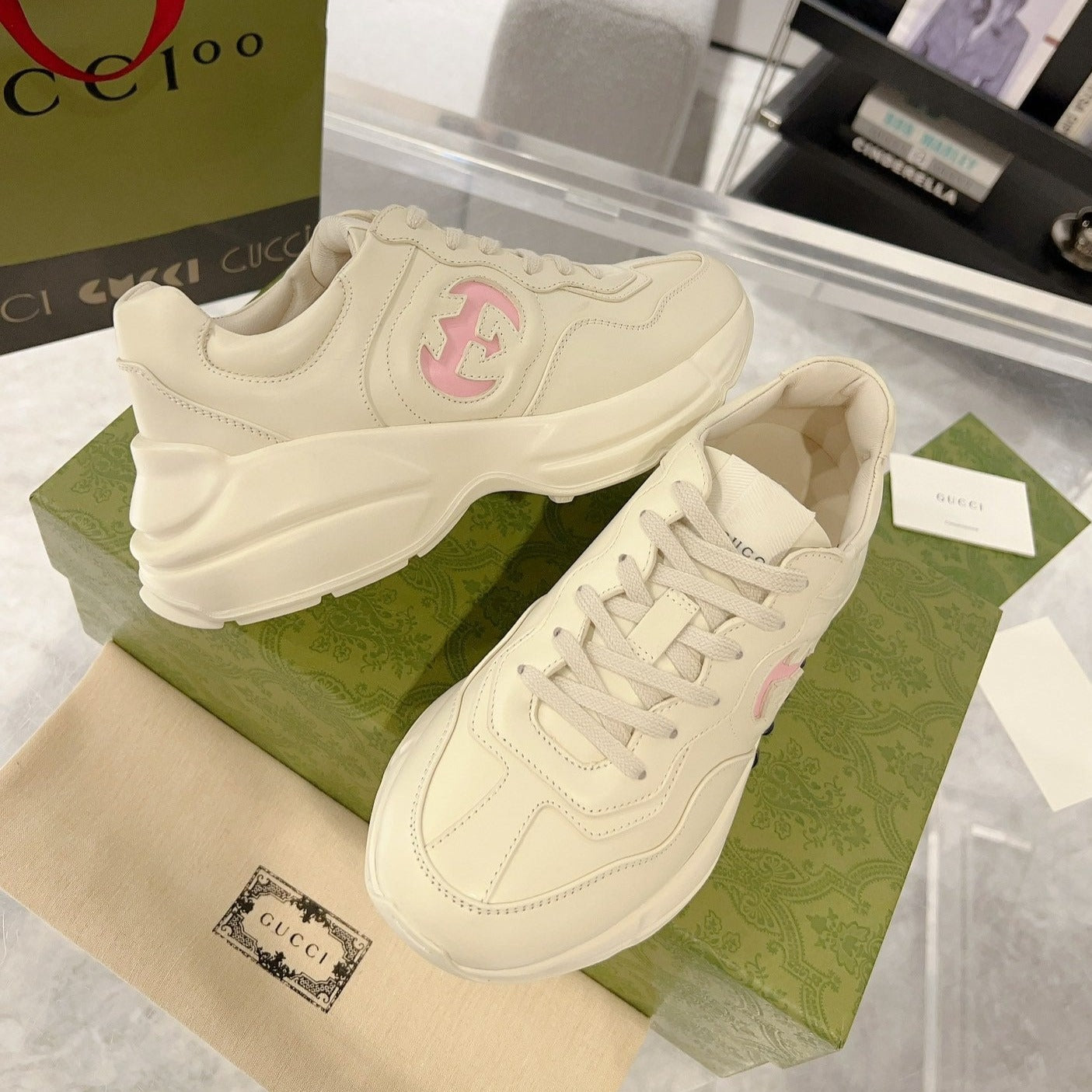 GG Rhyton Trainer Leather White Pink
